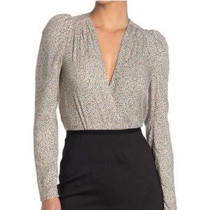 AFRM Surplice Long Sleeve Bodysuit - Ditsy Heart Puff Sleeve Wrap Blouse Size L